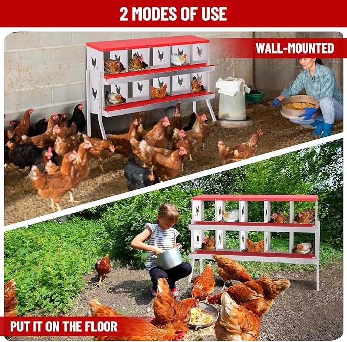 Chicken Nesting Box, Heavy-Duty Metal Chickens Laying Boxes with 10 Compartments, Large Vented Holes Hens Laying Box, Chicken Coop with Rollout Egg Collection, Bracket Legs - Red