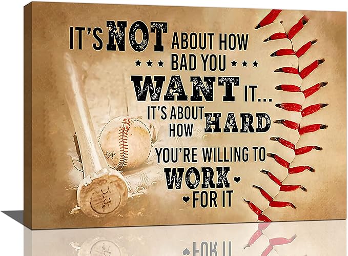 Baseball Wall Art Inspirational Sport Theme Wall Decor Motivational Quotes Pictures Canvas Prints Artwork Baseball Decor For Boys Room Playroom Bedroom Gym Framed 24"x16"