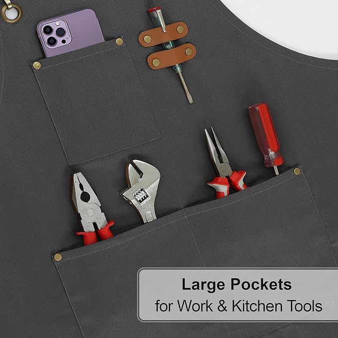 RUVANTI Work Apron for Men, Oil & Water Repellent, Poly Cotton Cross Back Aprons for Women with Pockets, Adjustable up to XXL