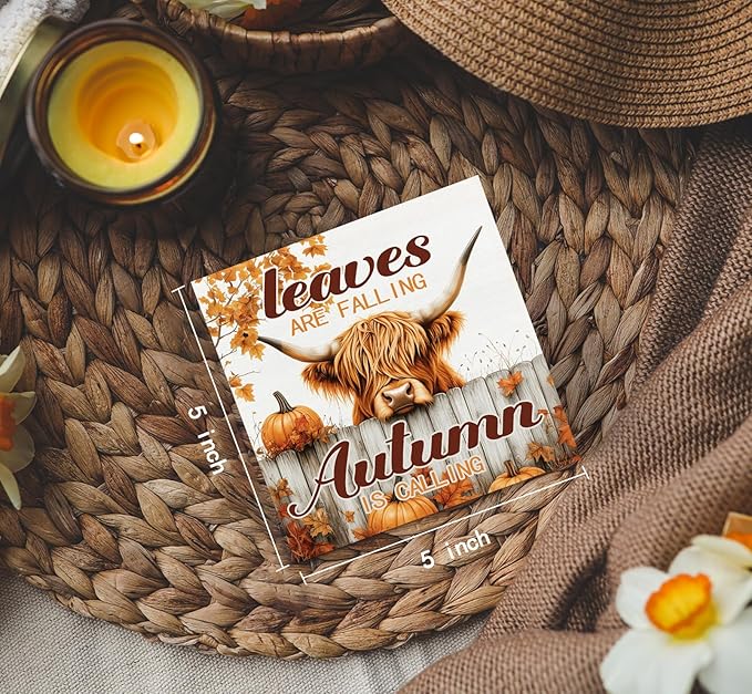 Fall Highland Cow Decor Sign -fall Decorations For Home, Farmhouse Leaves Are Falling Autumn Is Calling Pumpkin Table Signs For Home Bedroom Bathroom 5x5