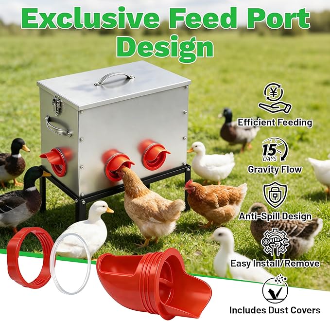 40lb Automatic Chicken Feeder, 6-Port Large Capacity Metal Poultry Feeder, Galvanized Steel Chicken Feeder for Hen Coop