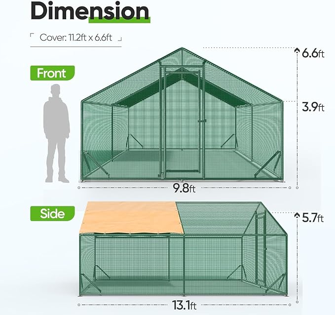 Quictent Premium Large Metal Chicken Coop Run Upgraded with Reinforced Hardware Cloth & 1.26" Galvanized Metal Tube, Walk-in Poultry Cage for Outdoor Yard Farm, Waterproof Cover, 13.1x9.8x6.6FT