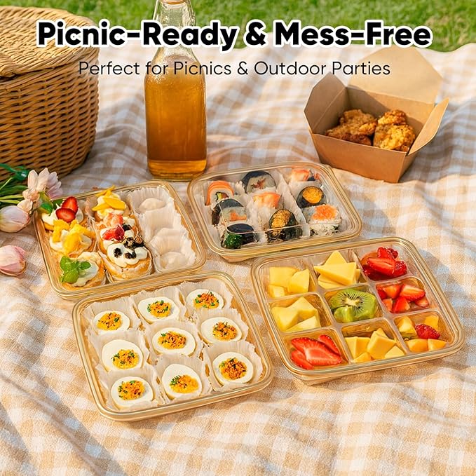 77L 72 Eggs Clear Deviled Egg Tray with Lid – Gold Plastic Party Serving Tray with Greaseproof Paper for Deviled Eggs, Sushi & Desserts