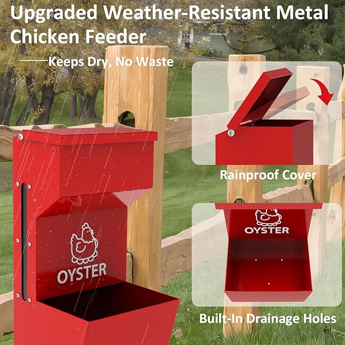 2 Pack Chicken Oyster Shell Feeder and Grit Feeder, Large Hanging Metal Chicken Feeder with Lid, Automatic Gravity Poultry Chicken Feeder No Waste, Chicken Coop Accessories