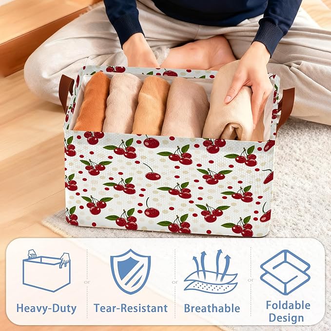 Cherry Red Storage Basket,Collapsible Storage Bin Cubes for Living Room Bedroom Blankets Home Storage 17x11.5x10Inch