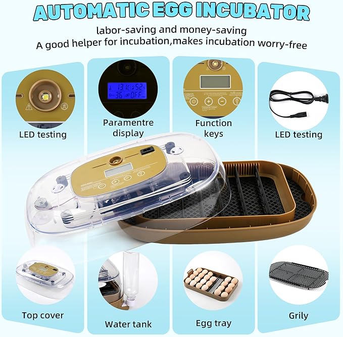 Incubators for Hatching Eggs,24 Egg Incubator with Automatic Egg Turning and Humidity Control,Egg Candler,Air Vent,360° Viewing for Chicken,Duck Eggs,Ideal for Farm,Classroom,Home Use