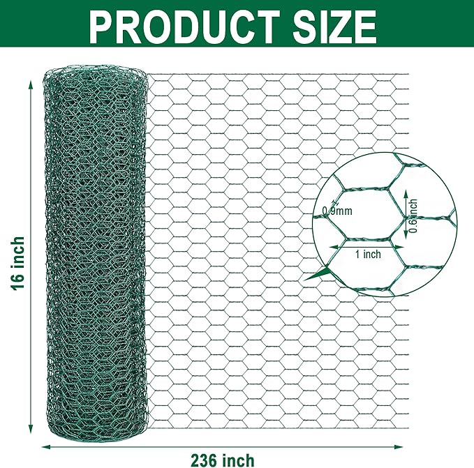Chicken Wire Netting 16 x 236 Inch Green Hexagonal Galvanized PVC Coated Fencing Mesh for Garden, Poultry Barrier, Floral Arrangements and Crafts