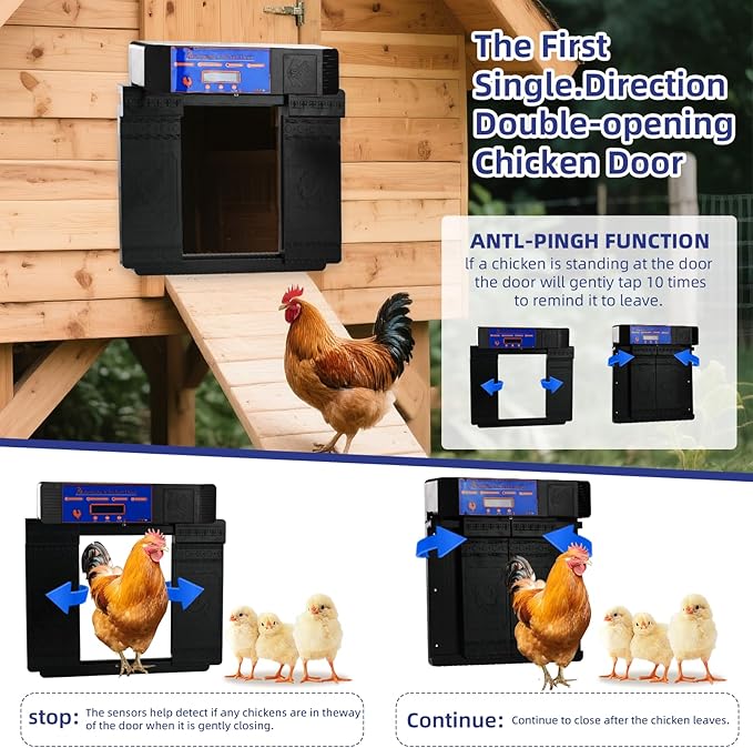 Solar Automatic Chicken Coop Door - Infrared Anti-Pinch Light Sensor & Remote Control Poultry Door for Chicken, Duck & Goose (Black)