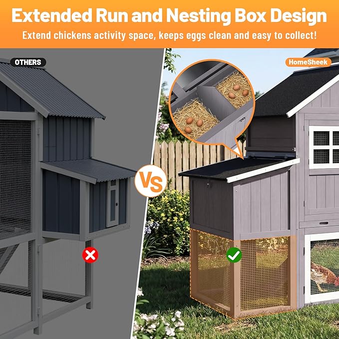 69.5''L Chicken Coop, Extra Large Poultry Cage for 6-10 Chickens, Outdoor Hen House Design with 2 Nesting Box, Weatherproof Roof and Leakproof Pull-on Tray, Easy to Install＆Clean(Gray)