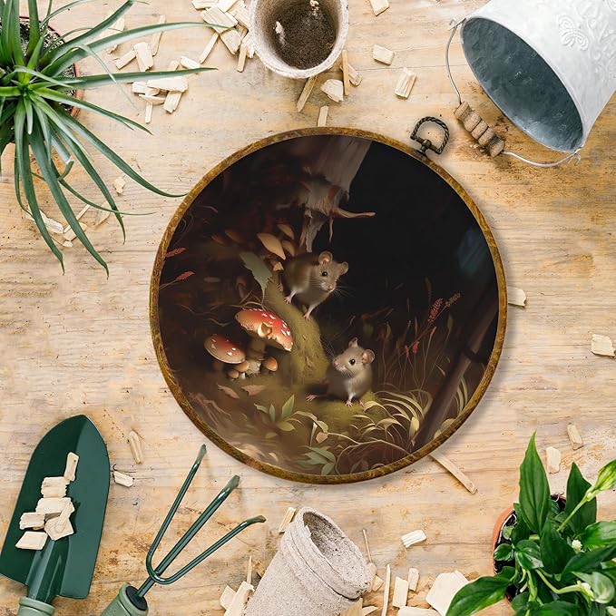 Hiuwevt Dark Cottagecore Mushroom Mouse Round Wall Art Decor, Moody Cottage Core Rat Framed Canvas Prints, Nature Forest Round Wall Hanging Decor for Home Bedroom Living Room Decorations, 10x10 Inches