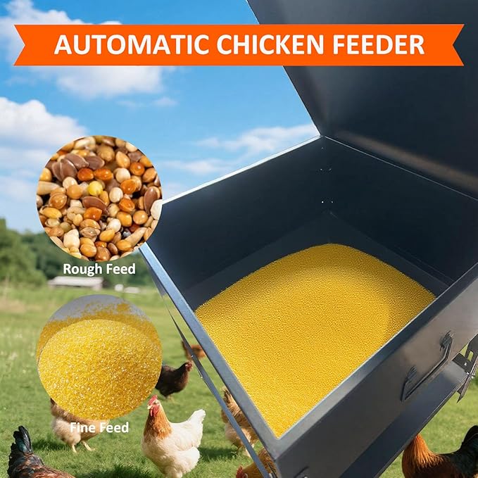 Large Capacity Automatic Chicken Feeder 80lbs Metal Poultry Feeder Set,with Latch & Handle Suitable for Chickens, Ducks, Turkeys（Adjustable Height）