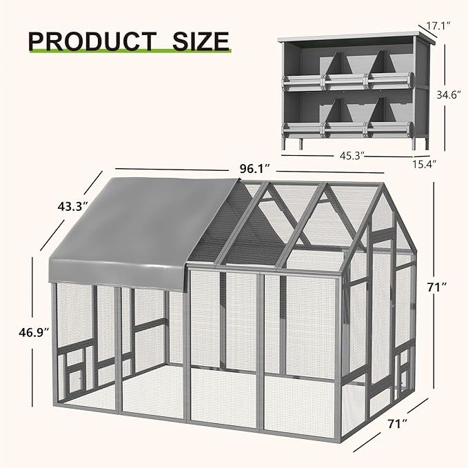 Large Wood Chicken Coop with Nesting Box, Wooden Chicken Coop with Run, Outdoor Walk-in Poultry Cage with Weatherproof Cover, Chicken House for Outside Farm Backyard