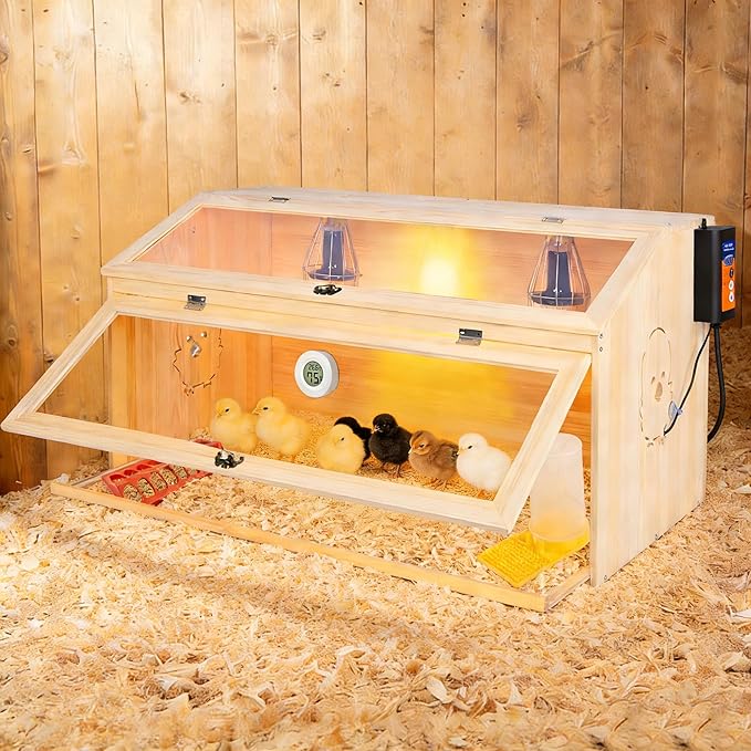 Large Drawers Brooder Box for Chicks, 32”L X 18”W X 16”H Chicken Nesting Box with Heat Lamp, Thermostat, Pet Diaper, Feeder, Waterer for Quails, Bunnies, Hamsters, Lizards