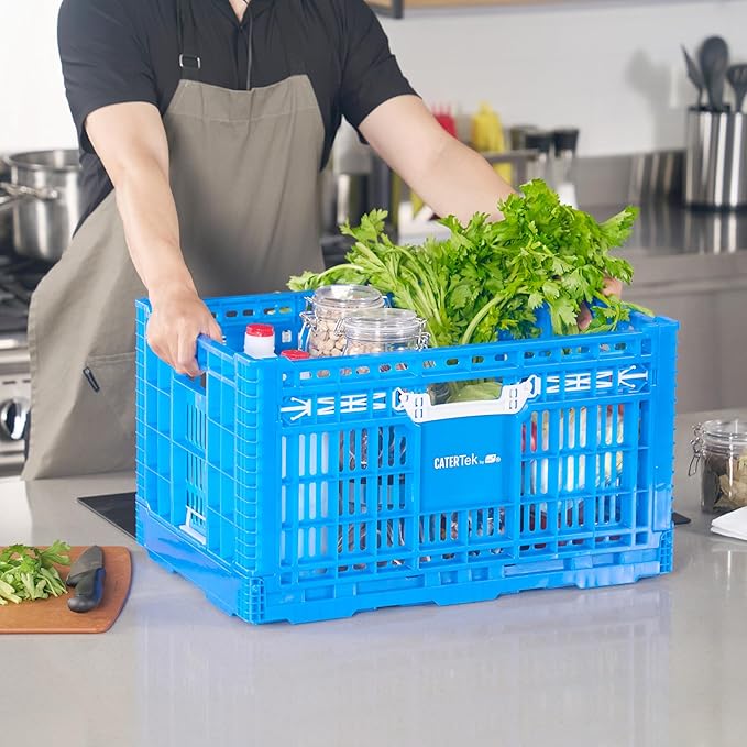 Restaurantware Plastic Milk Crates for Storage - 10 Pack - Cater Tek Stackable Storage Buns for Organizing - Collapsible Storage Basket for Groceries, Home Supplies, Blue