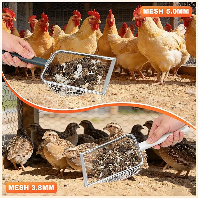 Chicken Poop Scooper for Coop,2 Pack Chicken Coop Poop Scoop Shovel with 3.8mm & 5mm Mesh, Metal Chicken Coop Rake and Scoop Tool,Scooper Shovel for Sifting Sand, Litter, Chicken Supplies