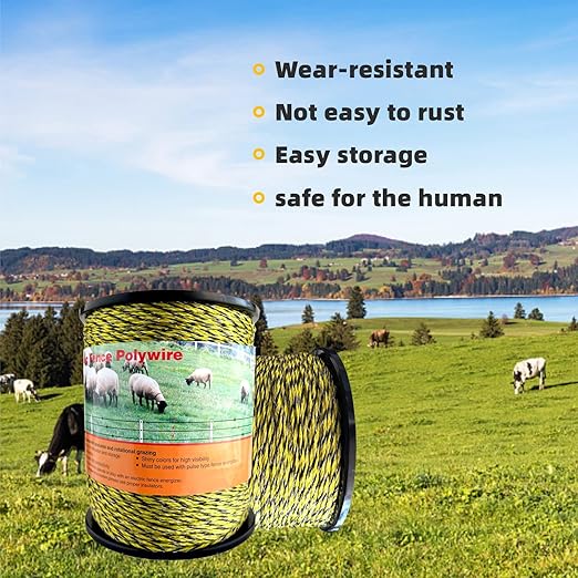 Electric Fence Polywire Upgraded 1722 Feet，525 Meter，6 Stainless Steel Strands for Reliable Conductivity and Rust Resistance，Portable Electric Fence Rope