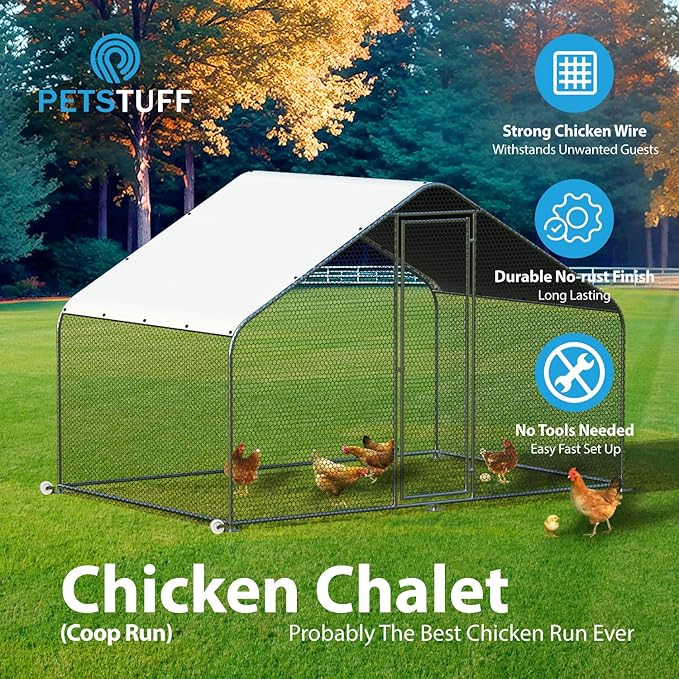 PETS TUFF Chicken Chalet - Chicken Coop for Chickens, Ducks, Rabbits & More - Predator-Resistant, Strong Wire with Mesh Bottom - Wheels for Easy Moving - Wind & Snow Durable Chicken Pen - 124”x81”x79”