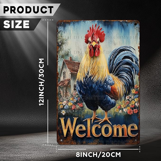 Vintage Rooster Tin Sign Welcome Retro Chicken Rustic Wall Decor Nostalgic Art Funny Coop Metal Poster Outdoor Store Cafe Farmhouse Kitchen Garden Plaque Bar Pubs Yard Farm 12 * 8inch