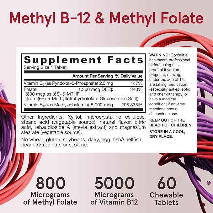 Jarrow Formulas Methyl B-12 & Methyl Folate, Bioactive Vitamin B9 and Vitamin B12 Supplement, Supports Cellular Energy Production, Healthy Brain Function & Metabolism, 60 Chewable Tablets, 60 Servings