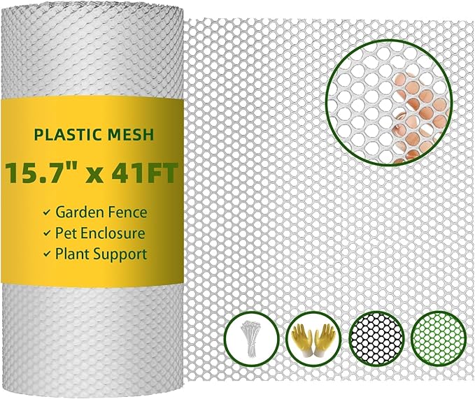 500GSM Heavy Duty 15.7IN x 41FT White Plastic Mesh Fencing Roll for Chicken Dogs Rabbit Snake Poultry Barrier Gardening, Wire Mesh Netting Fence for Balcony Garden Pet Enclosure Plant Support DIY