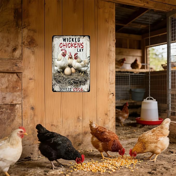 Metal Art for Outside Chickens Lay Deviled Eggs Metal Signs Vintage Room Decor Aesthetic Wall Art 12x8 Inch