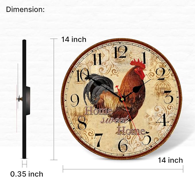 TAHEAT 14 Inch Rustic Rooster Wall Clock Retro Silent Non Ticking Easy to Read Clock, Battery Operated Decorative Wall Clocks for Kitchen/Living Room/Bedroom/Farmhouse Decoration