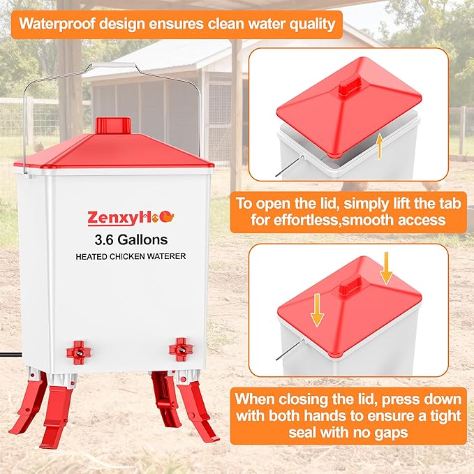 3.6 Gallons Heated Chicken Waterer Bucket for Winter, Chicken Water Heater with 4 Nipples and 10ft Power Cord