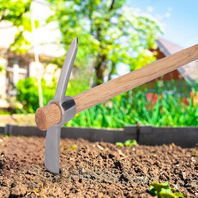 15.7in Hand Cultivator & Hoe Tool - Dual Head Stainless Steel Garden Pickaxe for Weeding, Digging, Planting - Ergonomic Wooden Handle for Farming, Landscaping, Bonsai Care