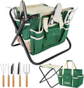 GardenHOME 7-Piece Green Gardening Tool Set – Stainless Steel Tools with Wooden Handles, Folding Stool & Canvas Tote, Durable Garden Kit for Every Gardener