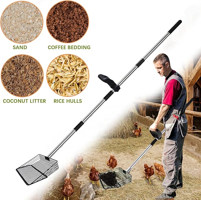 12" Metal Chicken Poop Scooper Rake for Sand with 24 to 68" Handle, Adjustable Chicken Poop Scooper for Poop, Wide 10”Poop Shovel Cleaning Tools, Heavy Duty Sifting Shovel (Black)
