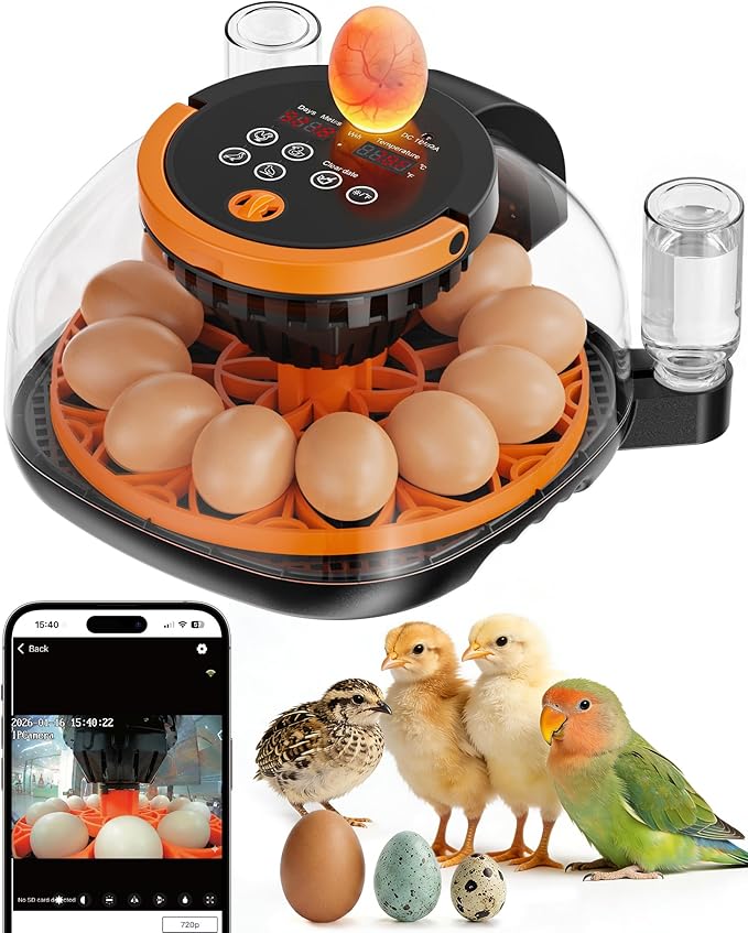 WiFi Egg Incubator with 1080P Camera, App Control, Automatic Turning & Water Filler for Hatching Eggs with Candler, Smart Incubator for 6-12 Chicken, Quail, Pigeon Eggs