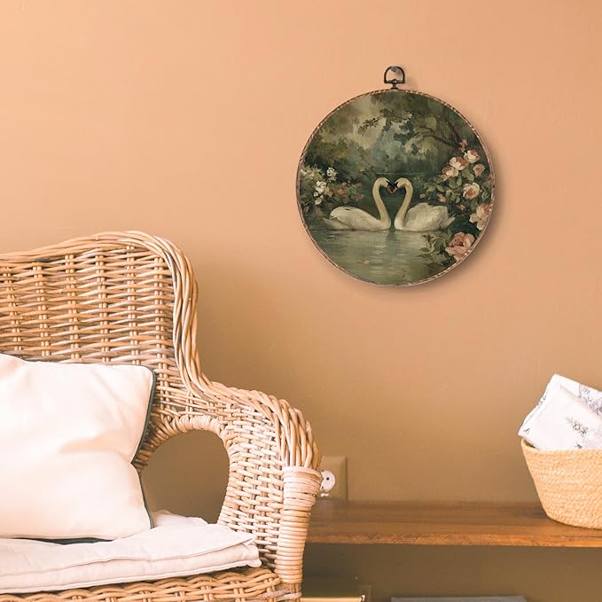 Yorhifa Vintage Swan Framed Wall Art, Cottagecore Elegant Animal Round Wall Art, Romantic White Swan Round Walls Decor, Rustic Floral Lake Landscape Circle Canvas Artwork Hanging Decor, 10x10in