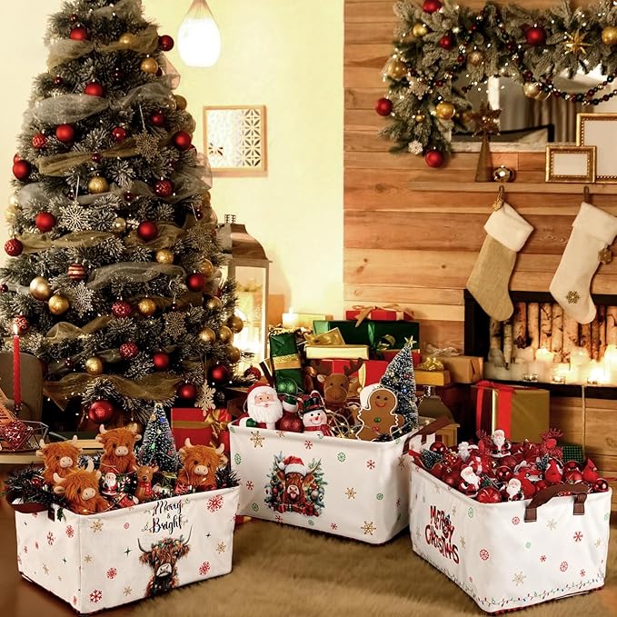 CHENGU 6 Pack Christmas Storage Basket Collapsible Christmas Basket for Gifts Highland Cow Holiday Decor Large Red Truck Bin Foldable Xmas Tree Box with Handle for Bedroom Office Home