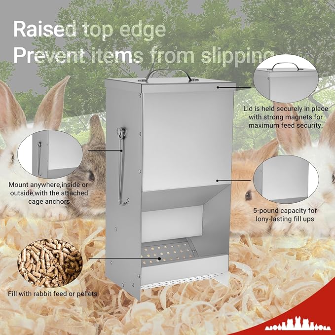 Rabbit Feeders Automatic for Cages,5 Pound Large Metal Trough Feeder with Lid Galvanized Steel Outdoor Bunny Food Dispenser for Rabbits Chicken Guinea Pig Pet and Other Small Animals