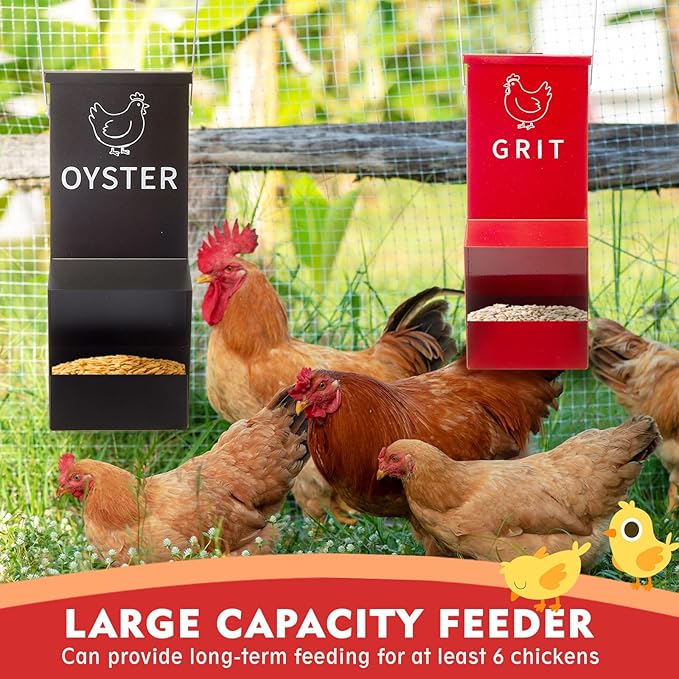 Leinuosen 2 Pack Metal Chicken Oyster Shell and Grit Feeder with Lid and Hook Hanging Mountable Chicken Feeder Trough Automatic Gravity Poultry Coop Accessories Water Dispenser for Chicks, Ducks, Hens
