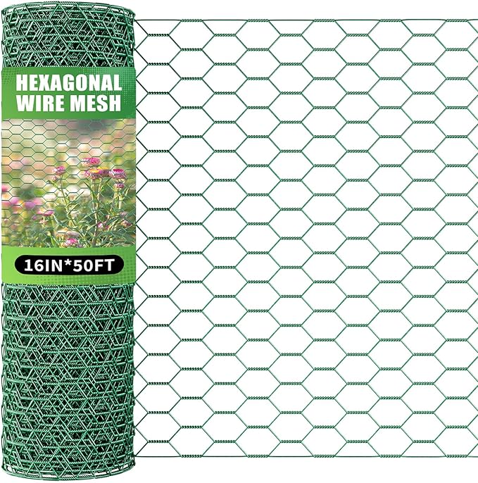 16 x 600 Inches Chicken Wire for Floral Arrangements, Green Chicken Wire, Hexagonal Galvanized Wire Mesh for Poultry Barrier, Flower Arrangement, Crafts and Garden