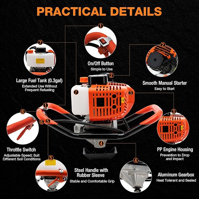 52CC 2-Stroke Post Hole Digger, Ground Drilling Machine Kit with 4"/6/"8" Auger Drill Bits, Fence Earth Auger Digging Machine, Gas Powered Post Hole Digger Set Farm Garden Excavator