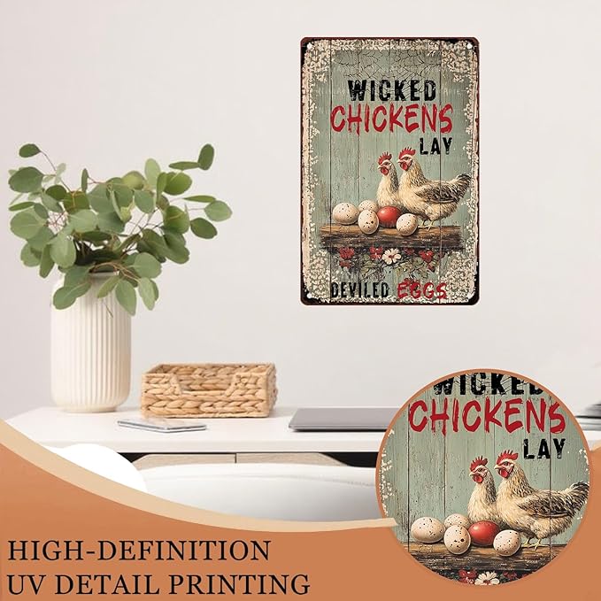 Wicked Chickens Lay Deviled Eggs Metal Signs Vintage Room Decor Aesthetic Wall Art Tin Sign Gift for Garage Bathroom Living Room Man Cave Bar 8X12Inch
