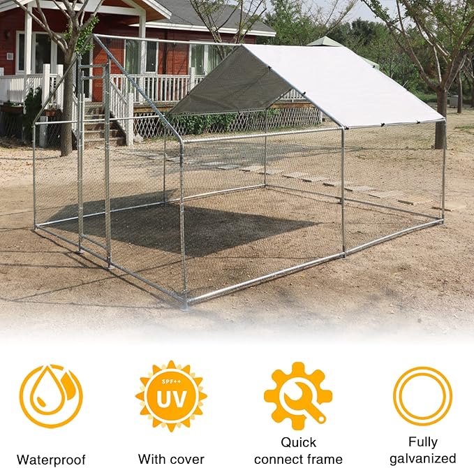 Large Metal Chicken Coop Walk-in Poultry Cage Hen Duck Run House with Waterproof & Anti-UV Cover Galvanized Rabbits Habitat Spire Shaped Cage for Outdoor Yard Farm Use