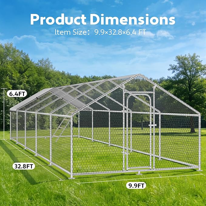 Large Metal Chicken Coop with Roosting Perch, Waterproof and UV Protection Cover, Chicken Run Outdoor Walk-in Cage Chicken Rabbit Duck Hen House, Dome Roof (10'W x 32.8'L x 6.4'H)