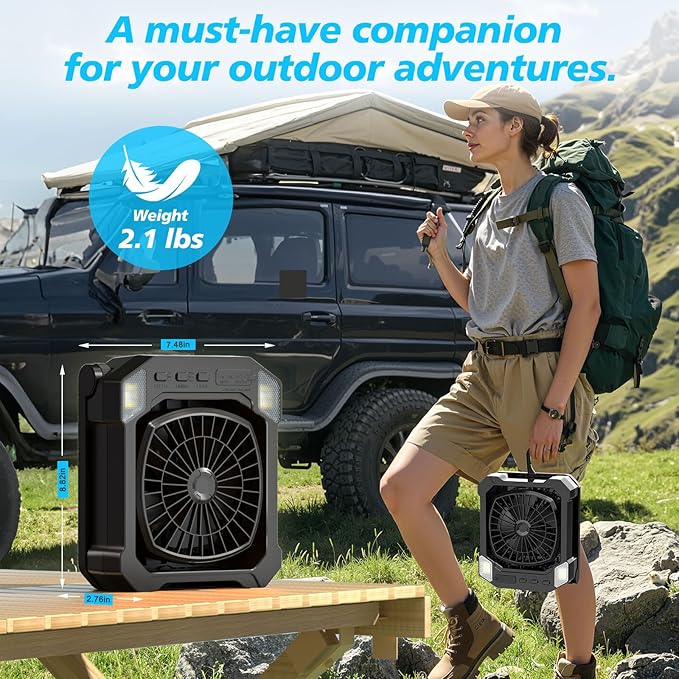 Camping Fan Battery Powered & Solar Powered, Portable Solar Fan 10000mAh Rechargeable Outdoor Fans with Light, Quiet Cordless Fans for Tent, RV, Emergency, Hiking, Power Outage, Desk, Survival Kit