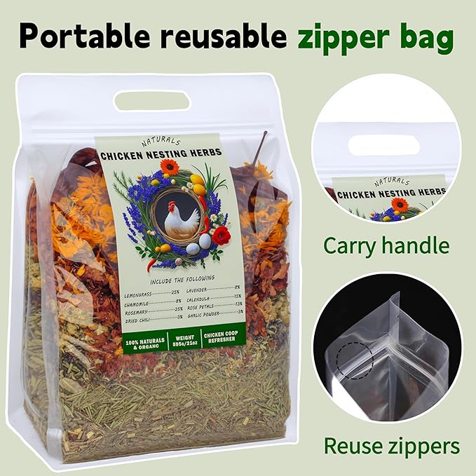 21oz Chicken Nesting Herbs- 8 Natural Herbs Mixture for Chicken Coop Fresh Coop Odor Control & Egg Production | Reusable Sealed Pack | Fresh Bedding Supply for Chicken & Duck Coop, Poultry Dust Bath