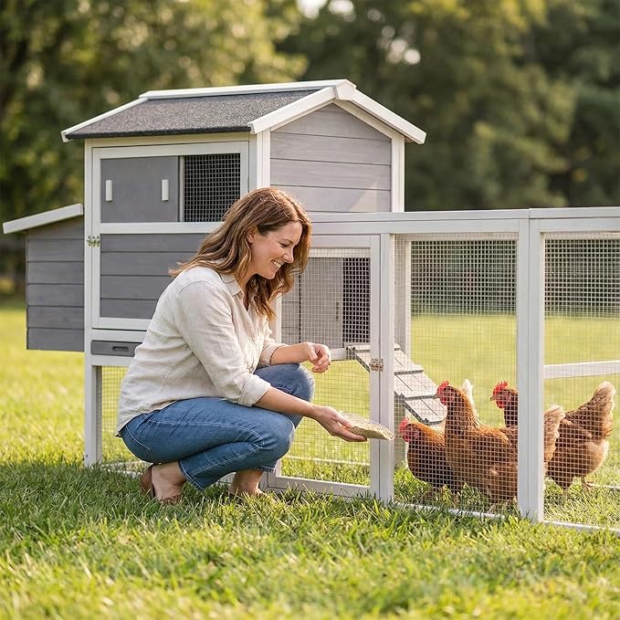 Large Wooden Chicken Coop with Outdoor Run & Nesting Box, Fir Wood Poultry Cage for 2-4 Hens, Waterproof Anti-UV Hen House, Predator-Proof Rabbit Hutch for Backyard & Garden