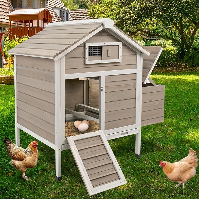 Chicken Coop Chicken House Outdoor with Removable Trays, Wooden Rabbit Hutch Poultry Cage with Nesting Box, Indoor Hen House Chicken Cage with Ramp for Garden Backyard (36.2"L x 26"W x 38.3"H)