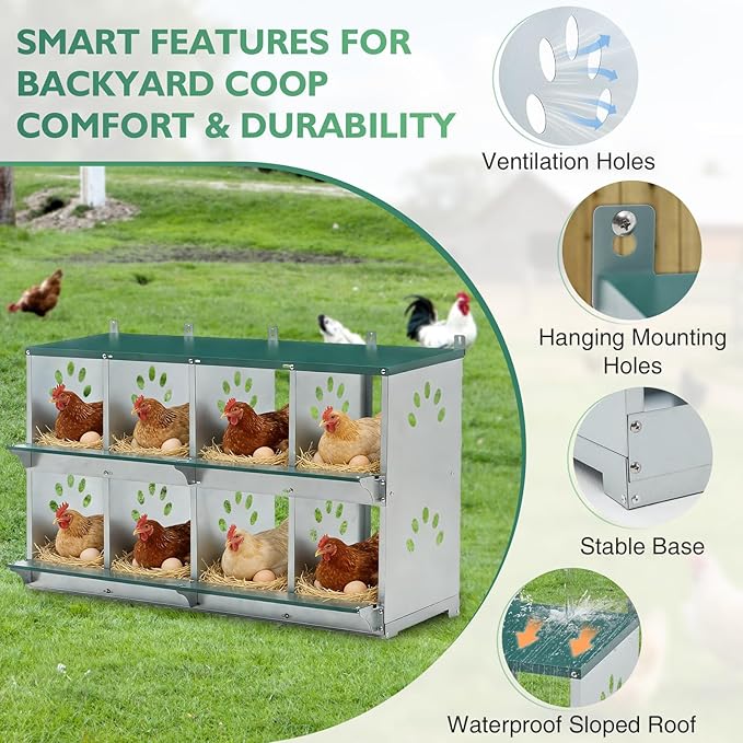 EAGLE PEAK 8-Hole Wall Mounted Chicken Nesting Box, Roll Away Hen Laying Box with Sloped Roof & Easy Clean Tray, Galvanized Steel for Backyard Chicken Coops (Green)