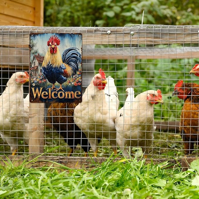 Vintage Rooster Tin Sign Welcome Retro Chicken Rustic Wall Decor Nostalgic Art Funny Coop Metal Poster Outdoor Store Cafe Farmhouse Kitchen Garden Plaque Bar Pubs Yard Farm 12 * 16inch
