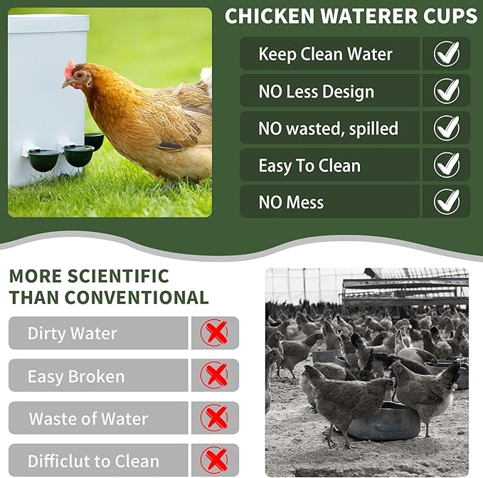 Chicken Water Cups 12 Pack, Automatic Filling Waterer Feeder Bowl, Gravity Poultry Watering System, Chicken Water Dispenser, Chicken Coop Accessories for Hens, Duck, Goose, Turkey (Green)