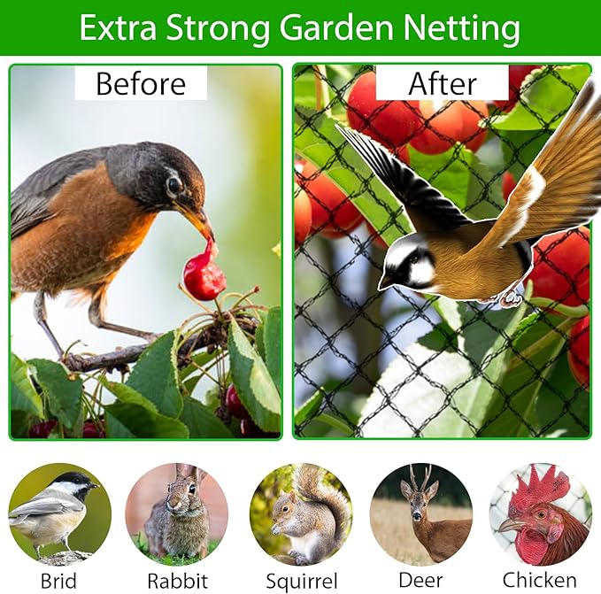 20' x 40' Bird Netting for Garden Heavy Duty 3/8" Mesh Anti Bird Net for Chicken Run,Vegetables,Koi Pond,Fruit Trees & Other Plants,Lasting Against Birds Deer Squirrels and Poultry, Black