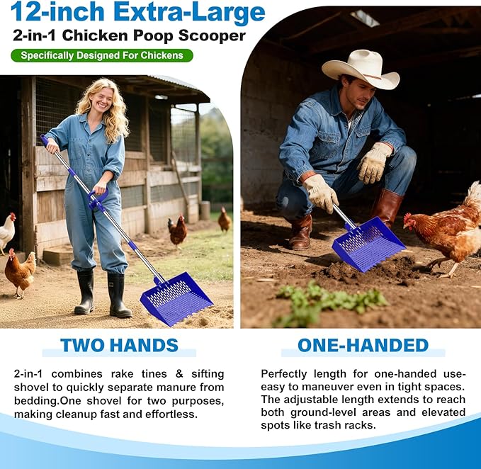 2-in-1 Chicken Poop Scooper & Rake 12-Inch Large Metal Shovel Head Adjustable Stainless Steel Handle (24 to 64") Litter Sifting Shovel Cleaning Tools for Chicken Run, Animal Farm (Blue)