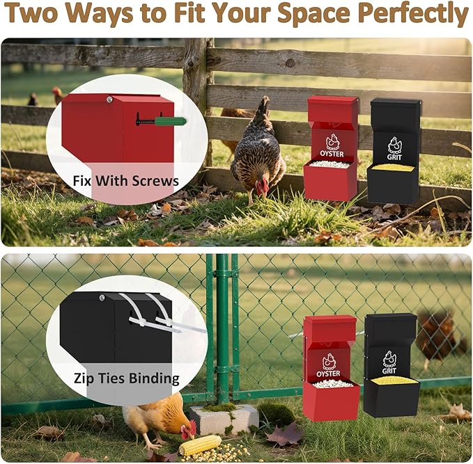 2 Pack Chicken Oyster Shell Feeder and Grit Feeder, Large Hanging Metal Chicken Feeder with Lid, Automatic Gravity Poultry Chicken Feeder No Waste, Chicken Coop Accessories